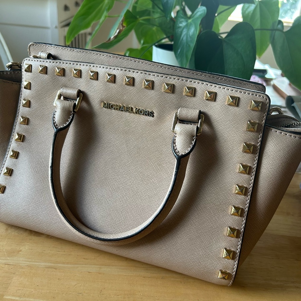 Michael Kors Tan Studded Selma Satchel with Short Handles